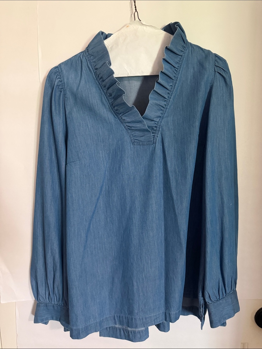 Ruffled V-Neck Blue Denim Blouse - Women